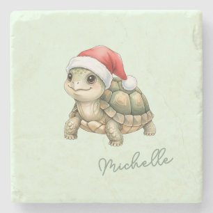 Aquarell-Weihnachts-Schildkröte-Santa-Hut Steinuntersetzer