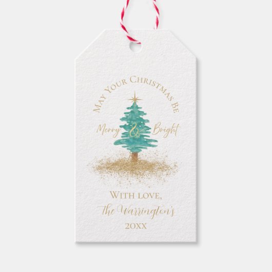 Aquarell-Weihnachtsbaum, "Fröhlich & Hell" Geschenkanhänger (Vorderseite)