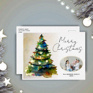 Aquarell-Weihnachtsbaum-künstlerisches Foto Gold Folien Feiertagspostkarte