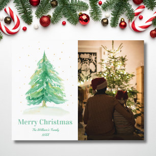 Aquarell-Weihnachtsbaum mit goldenem Schnee Feiertagspostkarte