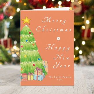 Aquarell-Weihnachtsbaum & Neujahrsfamilie Feiertagskarte