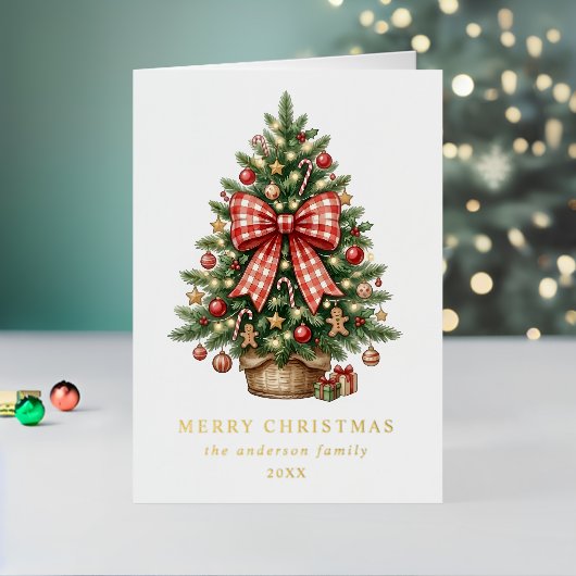 Aquarell-Weihnachtsbaum Roter Gingham-Bogen Foto (Feiertag In Situ 2)