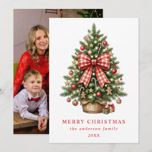 Aquarell-Weihnachtsbaum Roter Gingham-Schleifen-Fo Feiertagskarte