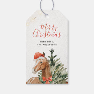 Aquarell-Weihnachtsbaum-Santa-Pferd Geschenkanhänger
