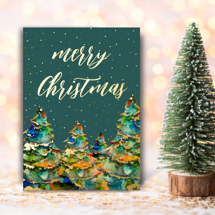 Aquarell-Weihnachtsbaum-Schneeflocken Grün Gold Folien Feiertagskarte