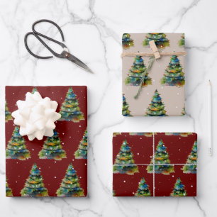 Aquarell-Weihnachtsbaum-Schneeflocken-Zeichnung Geschenkpapier Set