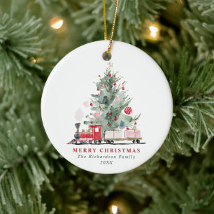 Aquarell-Weihnachtsbaum-Spielzeugzug Keramik Ornament