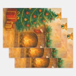 Aquarell-Weihnachtsbaum und gemütlicher Kamin Urla Geschenkpapier Set
