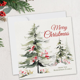 Aquarell-Weihnachtsbäume Rote Beeren Winter Feiertagskarte