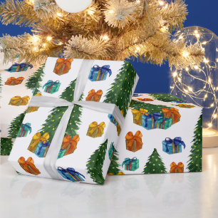 Aquarell-Weihnachtsbäume und Geschenkboxen  Geschenkpapier