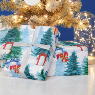 Aquarell-Weihnachtsbäume und Geschenkboxen Geschenkpapier