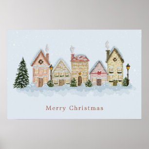 Aquarell-Weihnachtsdorf Frohe Weihnachten Blau Poster