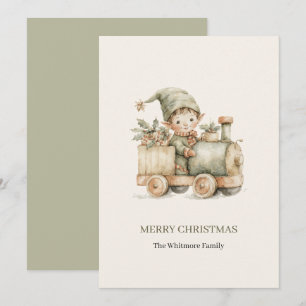 Aquarell-Weihnachtself Vintage-Spielzeugzug Feiertagskarte