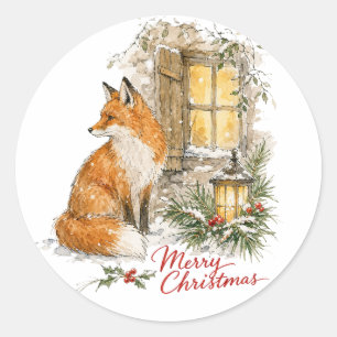 Aquarell-Weihnachtsfuchs mit Laterne Runder Aufkleber