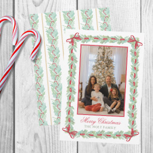 Aquarell-Weihnachtsgirlande & -Schleifen Foto Feiertagskarte