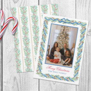 Aquarell-Weihnachtsgirlande und Zuckerstangen-Foto Feiertagskarte