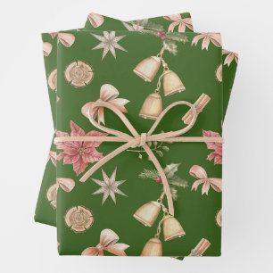 Aquarell-Weihnachtsglocken, Poinsettie Grün  Geschenkpapier Set