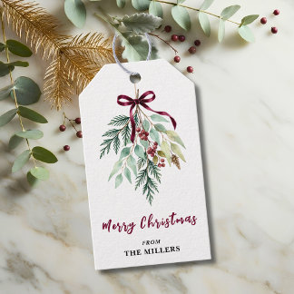 Aquarell-Weihnachtsgrün-Burgunder-Schleife Geschenkanhänger