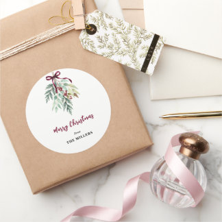 Aquarell-Weihnachtsgrün-Burgunderband Runder Aufkleber