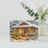 Aquarell-Weihnachtskabine im Wald Feiertagspostkarte (Stehend Vorderseite)