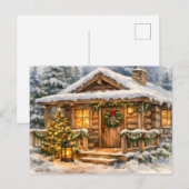 Aquarell-Weihnachtskabine im Wald Feiertagspostkarte (Vorne/Hinten)
