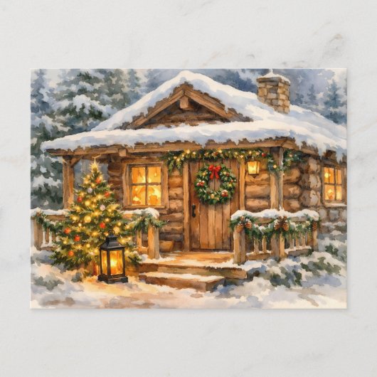 Aquarell-Weihnachtskabine im Wald Feiertagspostkarte (Vorderseite)