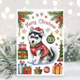 Aquarell-Weihnachtskarte mit Sibirischem Husky Feiertagskarte