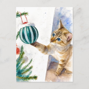 Aquarell-Weihnachtskatze mit Ornaments-Weihnachtsk Feiertagspostkarte