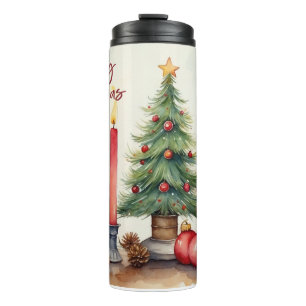 Aquarell-Weihnachtskerze Festliche Malerei Thermosbecher