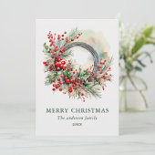 Aquarell-Weihnachtskranz mit roten Beeren Feiertagskarte (Stehend Vorderseite)