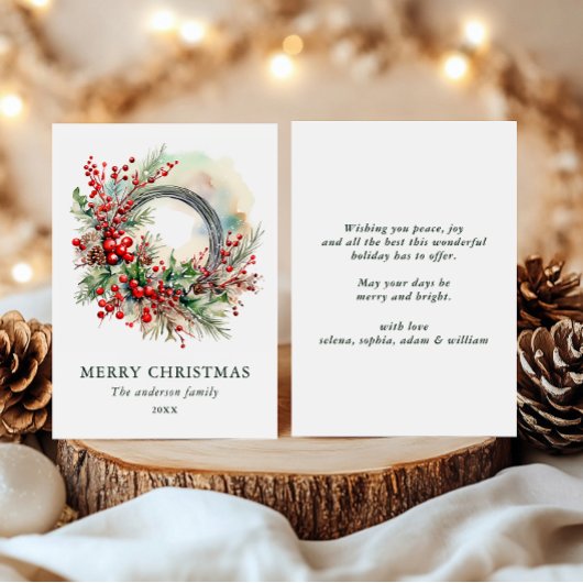 Aquarell-Weihnachtskranz mit roten Beeren Feiertagskarte