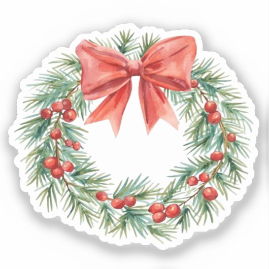 Aquarell-Weihnachtskranz mit roter Schleife und Be Aufkleber (Vorderseite)