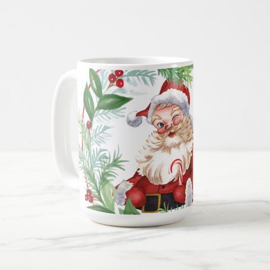 Aquarell-Weihnachtskranz Vintage-Santa Kaffeetasse (Vorderseite Links)