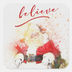Aquarell Weihnachtsmann mit glauben Kalligraphie Quadratischer Aufkleber