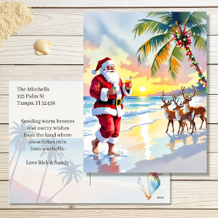 Aquarell-Weihnachtsmann & Rentiere am Strand Weihn Feiertagspostkarte