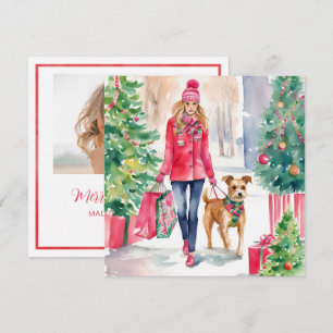 Aquarell-Weihnachtsmode-Einkaufs-Mädchen-Foto Feiertagskarte