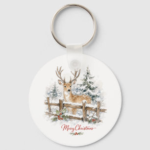 Aquarell-Weihnachtsrentier im Schnee Schlüsselanhänger