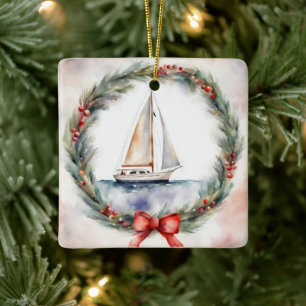 Aquarell-Weihnachtssegelboot im Kranz Keramikornament