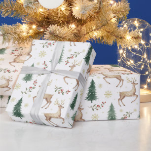 Aquarell-Weihnachtswald, Rentiere, Beeren Geschenkpapier