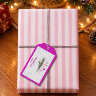 Aquarell-Weihnachtszweig mit rosa Ornamenten Geschenkanhänger