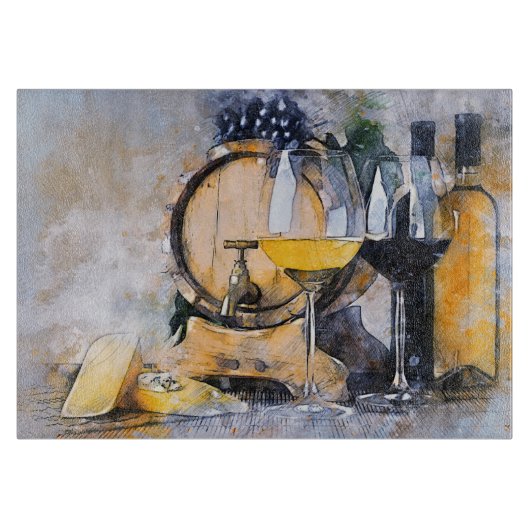 Aquarell Wein & Käse Stillleben Schneidebrett (Vorderseite)