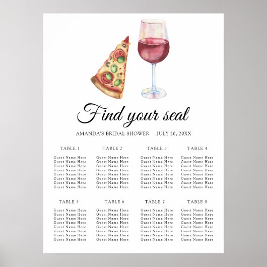 Aquarell Wein & Pizza Hochzeit Sitzplan Poster (Vorne)