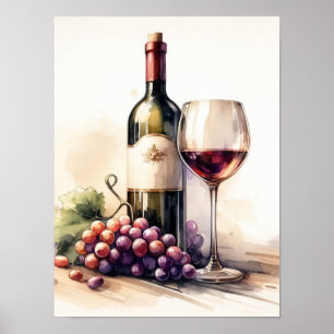 Aquarell-Weinflasche und Trauben Poster