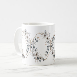 Aquarell Weiße Blumen Goldener Rahmen Silber Teal Kaffeetasse