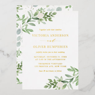 Aquarell Weiße Blumen und Grün Hochzeit Folieneinladung