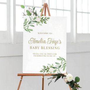 Aquarell Weiße Blumen und Grüne Babysegnung Poster