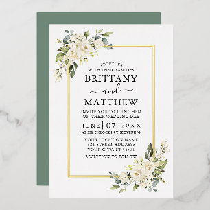 Aquarell Weiße Blumige Hochzeit Salbeigrün Gold Folieneinladung