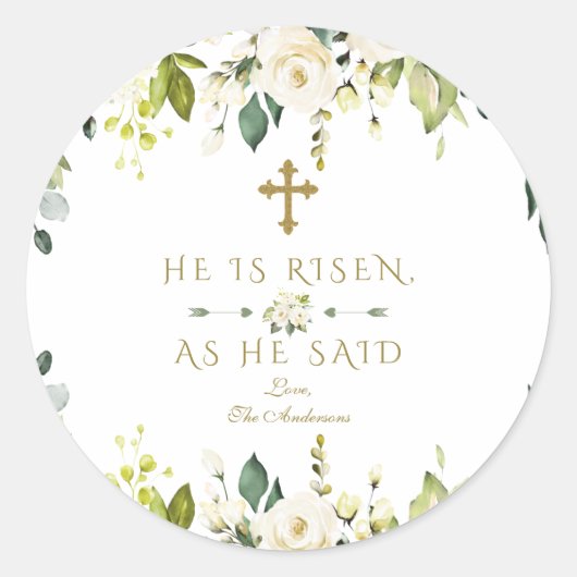 Aquarell Weiße Blüte Er ist Gold Oster Risen Runder Aufkleber (Vorderseite)