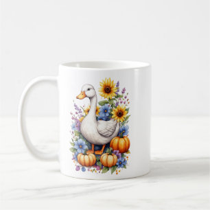 Aquarell Weiße Ente mit Sonnenblumen & Kürbissen Kaffeetasse