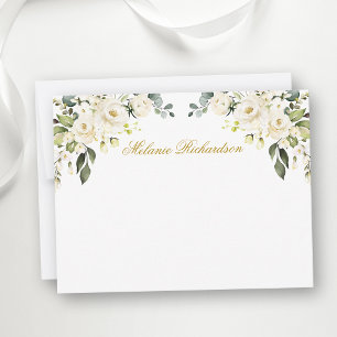 Aquarell Weiße Florale Rosen Gold Personalisiert Mitteilungskarte